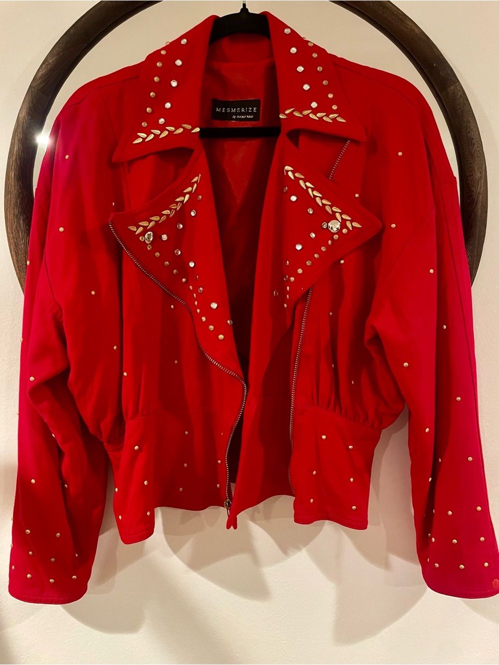 Mesmerize Red Stud-Embellished Cropped Bomber Jacket Vintage